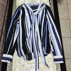 Mandy Evans striped long-sleeve tie neck blouse